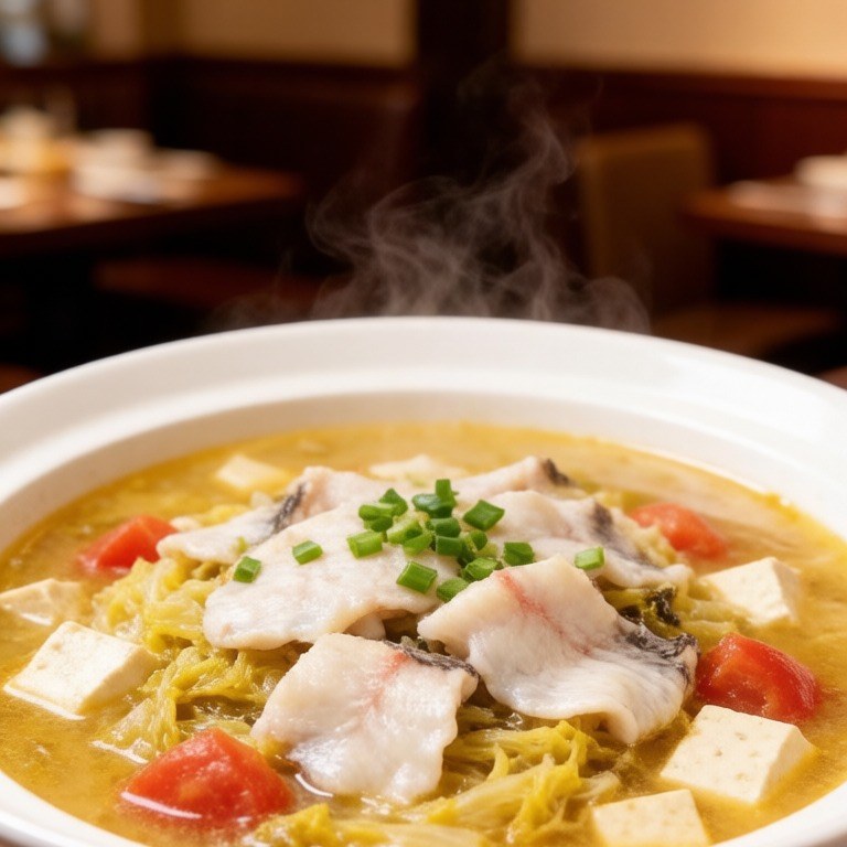 Fish slices simmering in a tangy pickled cabbage broth