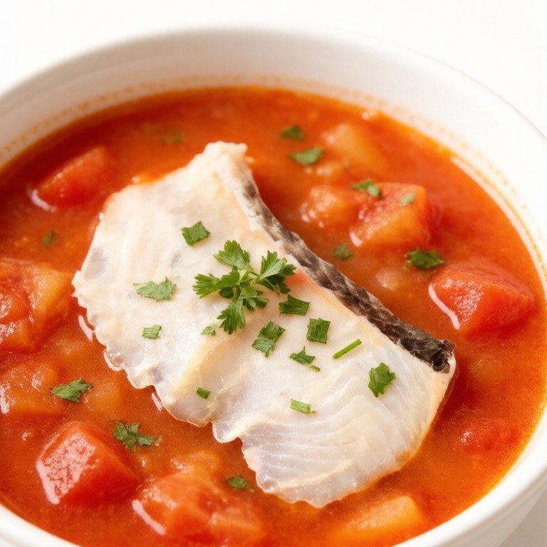 Fish slices in a bright tomato soup