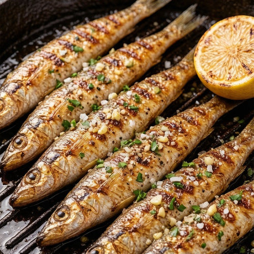 Charcoal-grilled sardines with charred skin