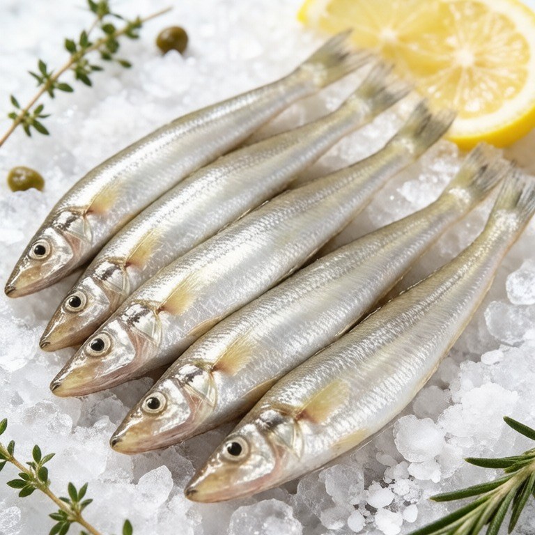 Overhead view of sardines plated on a round dish