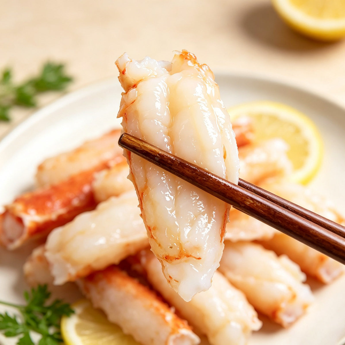 Close view of intact white crab meat strands