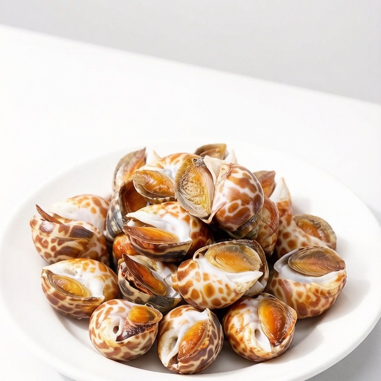 Raw spotted sea snails plated with patterned shells showing