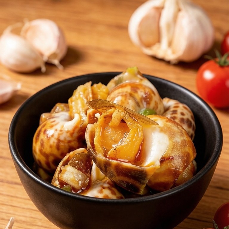 Steamed sea snails in a bowl with garlic