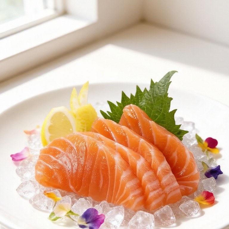 Close-up of sashimi-grade salmon slices showing fine white marbling