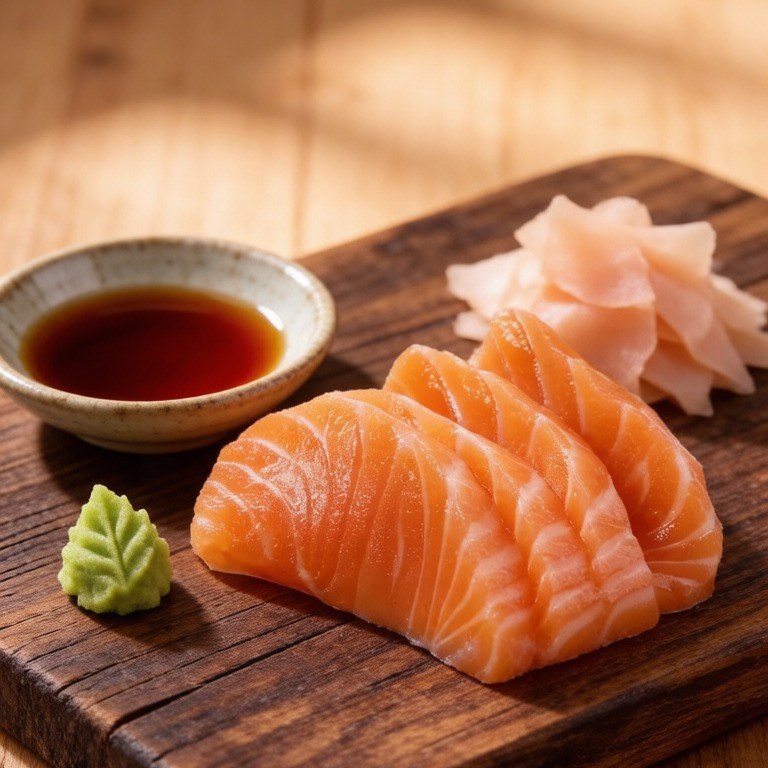 Salmon slices plated on a wooden serving board