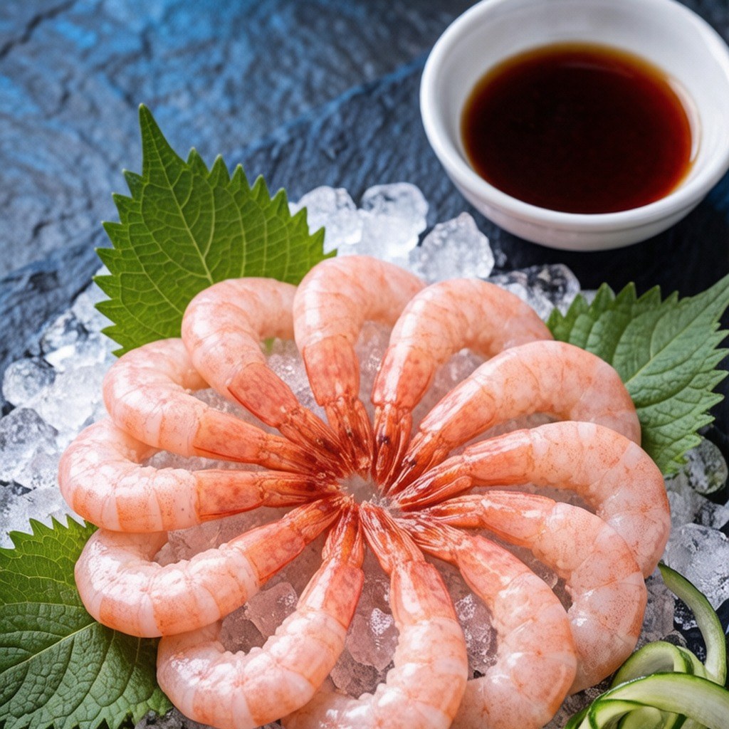 Shrimp arranged over crushed ice