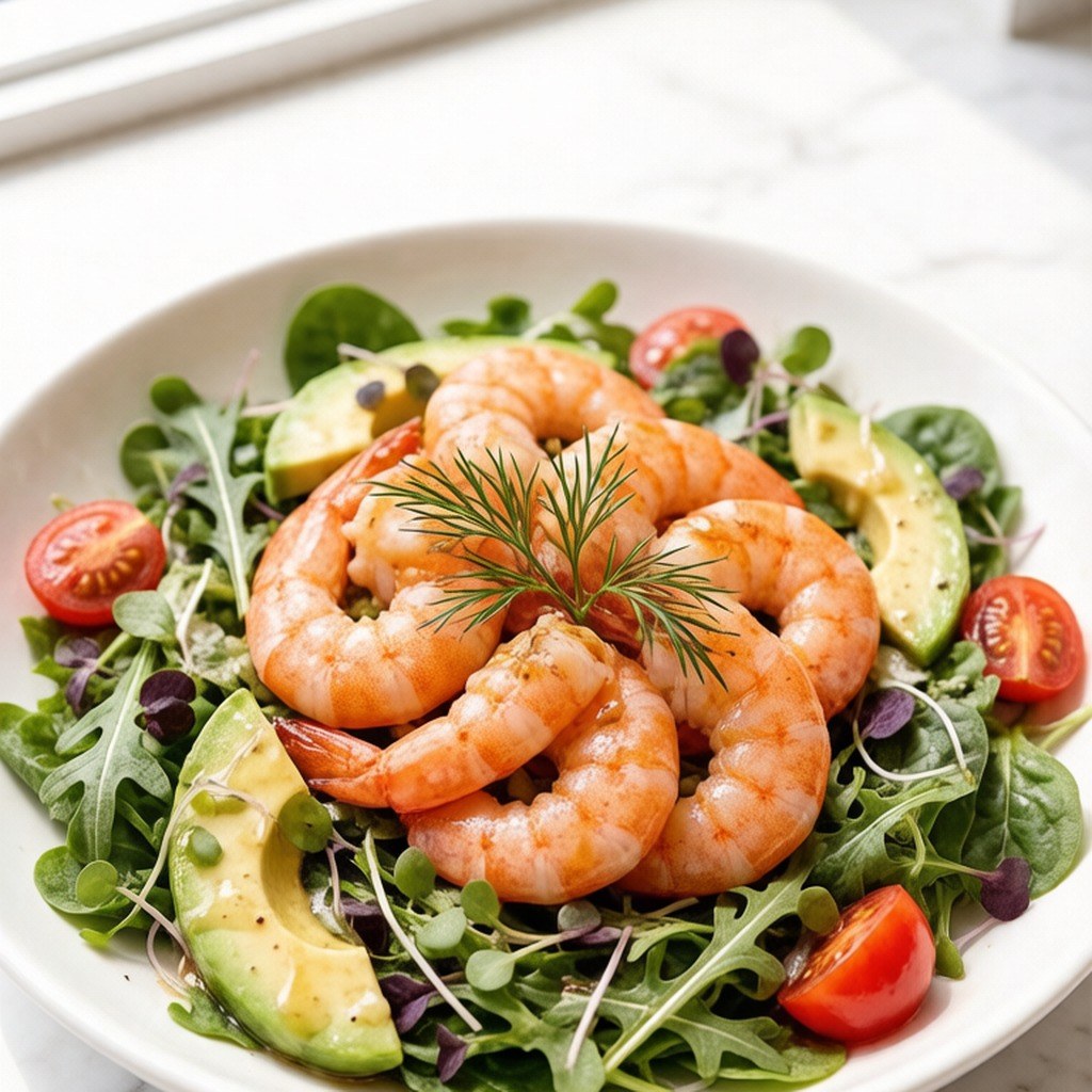 Shrimp scattered through a fresh green salad
