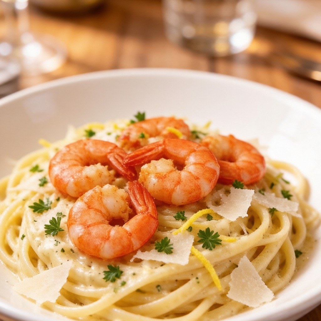 Shrimp tossed through a bowl of pasta
