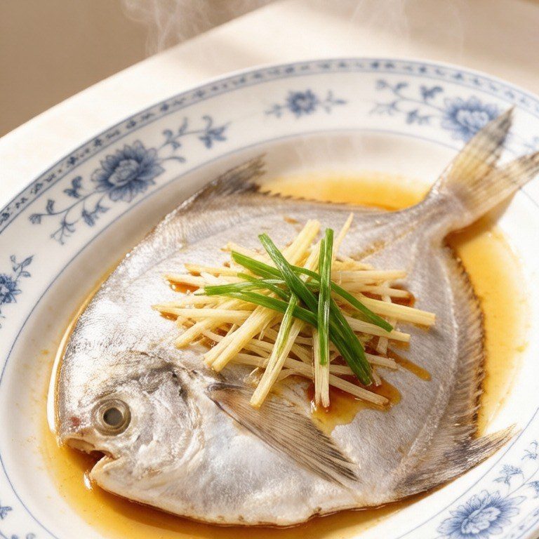 Whole pomfret, gently steamed